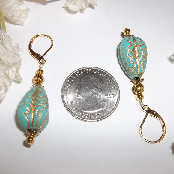 Earrings, Turquoise Earrings, Turquoise Blue and Gold Earrings, Earring Set 7768 - Picture 3 of 10